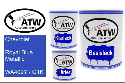 Chevrolet, Royal Blue Metallic, WA409Y / G1K: 1L Lackdose + 1L Klarlack + 500ml Härter - Set, von ATW Autoteile West.